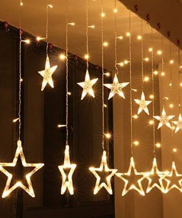 12 Stars 138 Led Curtain String Lights Window Curtain Lights With 8 Flashing Modes Decoration For Christmas, Wedding, Party, Home, Patio Lawn Warm White (138 Led Star, Copper, Pack Of 1)